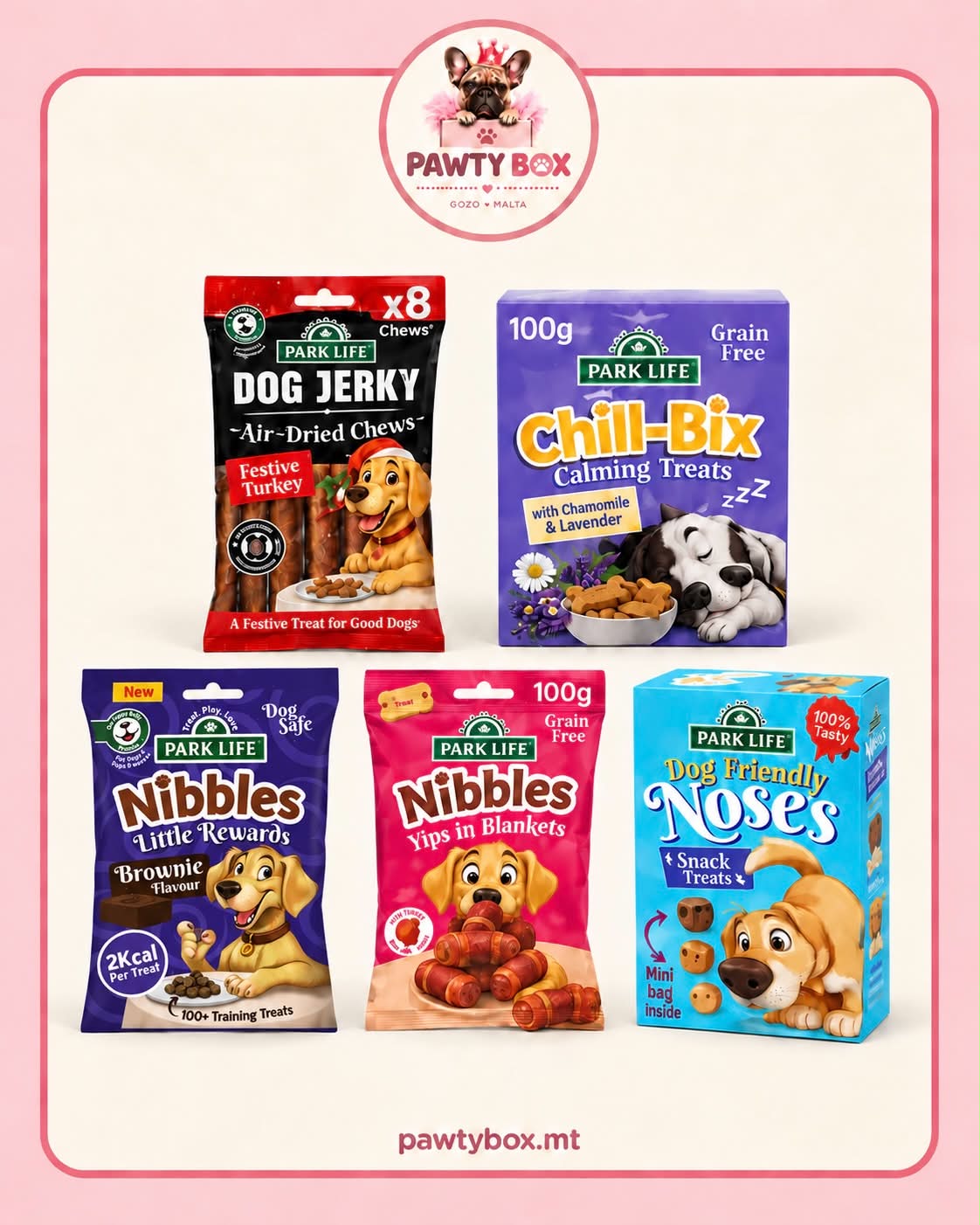 Park Life Dog Jerky Festive Turkey, Chill-Bix, Nibbles Brownie Flavour, Nibbles Yips in Blankets, and Dog Friendly Noses snack treats